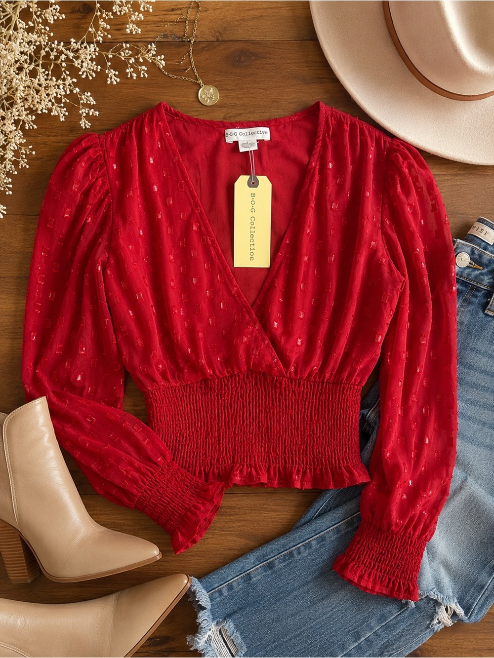 BOC Collective Red Smocked-Waist Puff Sleeve Wrap Blouse